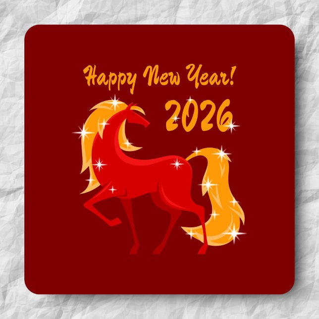 Adesivo Quadrado Feliz ano novo 2026 Cavalo de Fogo Chinês Zodiac (Criador carregado)