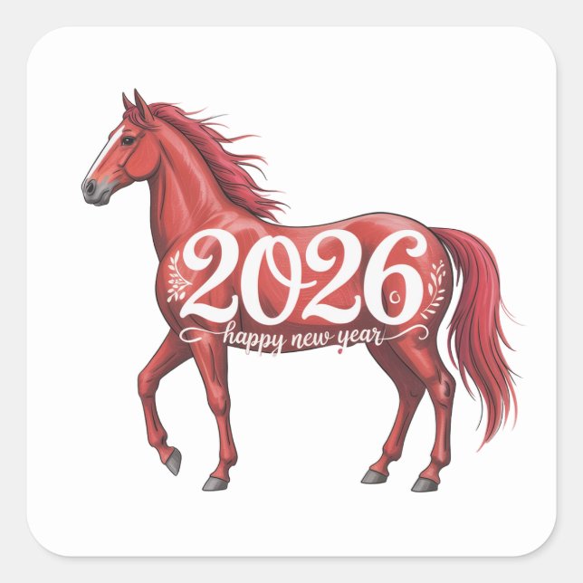 Adesivo Quadrado Feliz ano novo 2026 Cavalo vermelho chinês (Frente)