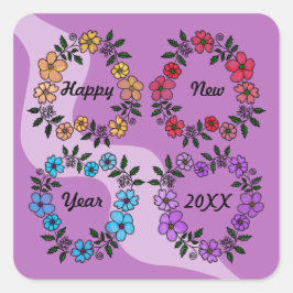 ADESIVO QUADRADO FELIZ ANO NOVO 20XX PERSONALIZADO E FLOWERS WREATH