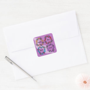ADESIVO QUADRADO FELIZ ANO NOVO 20XX PERSONALIZADO E FLOWERS WREATH