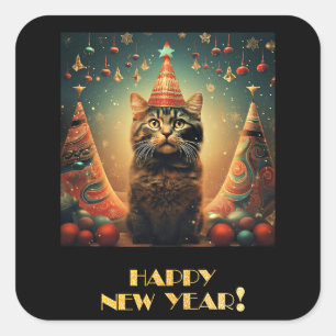 Adesivo Quadrado Feliz Ano Novo, Cat Design,