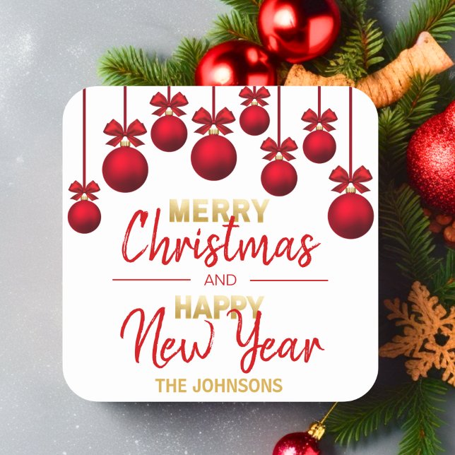 Adesivo Quadrado Feliz ano novo de Natal Dourado e Vermelho Persona (Personalized Red Gold Christmas Happy New Year Square Sticker)