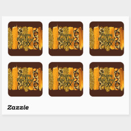 Adesivo Quadrado Feliz ano novo de Traço de Pincel Dourado e Leopar