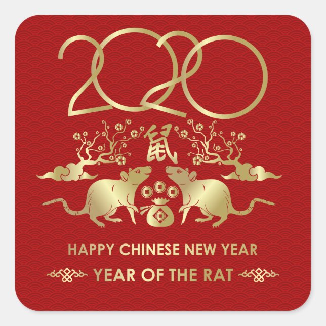 Adesivo Quadrado Feliz ano novo do Rato - 2020 (Frente)