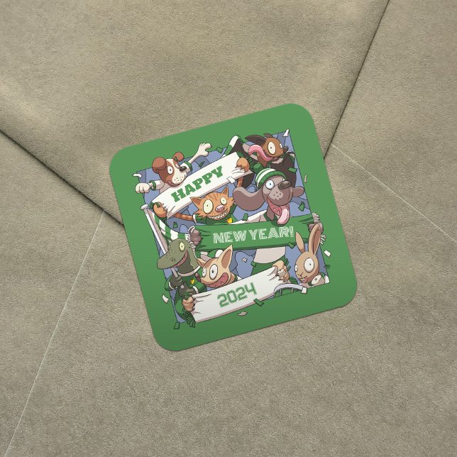 Adesivo Quadrado Feliz ano novo Engraçado Ventiladores Animais Cart (Criador carregado)