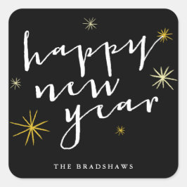 Adesivo Quadrado Feliz Ano Novo Rótulo Moderno Estouro de Estrelas 