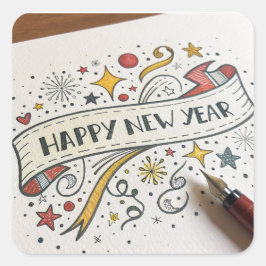 Adesivo Quadrado Feliz Ano Novo Texto Personalizado Moderno