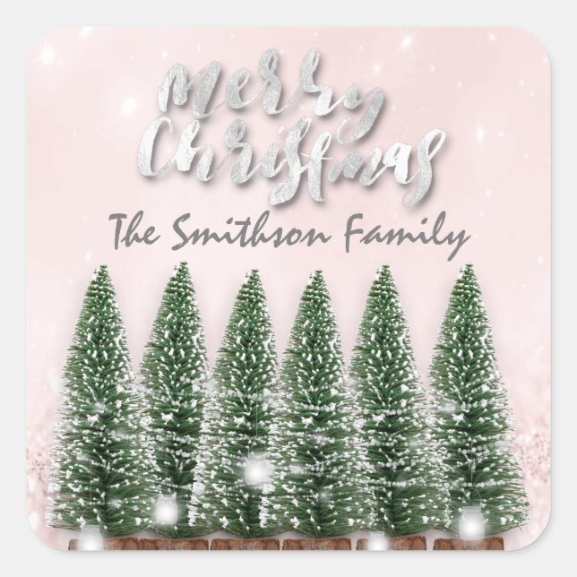 Adesivo Quadrado Feliz Árvores de Natal Luz Rosa Nome da Largura (Frente)