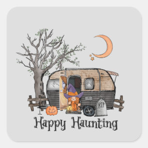 Adesivo Quadrado Feliz assombro - Bruxa Spooky e Camper Van