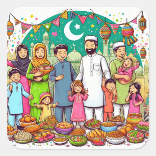Adesivo Quadrado Feliz banquete De Celebração Da Família Eid