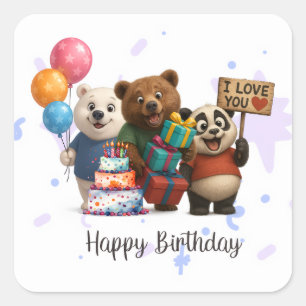 Adesivo Quadrado Feliz Bears de Aniversário e Panda Sticker