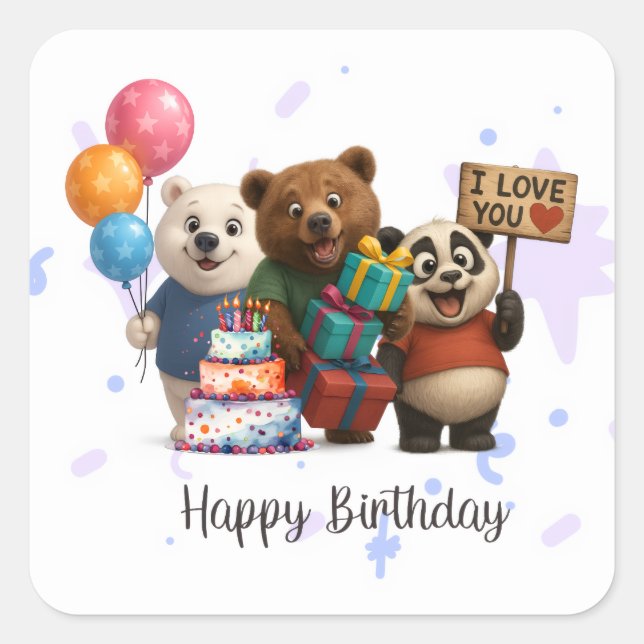 Adesivo Quadrado Feliz Bears de Aniversário e Panda Sticker (Frente)