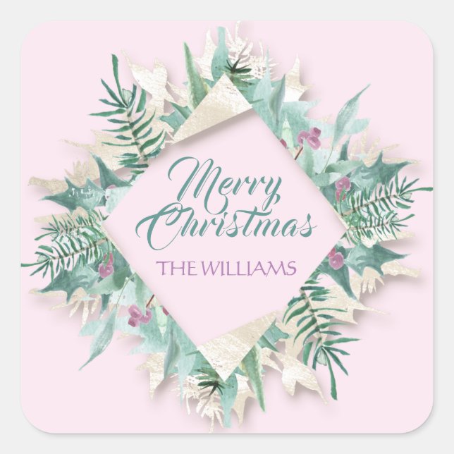 Adesivo Quadrado Feliz Belo Natal Feriados Felizes Rosa (Frente)