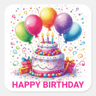 Adesivo Quadrado Feliz Bolo de Aniversário
