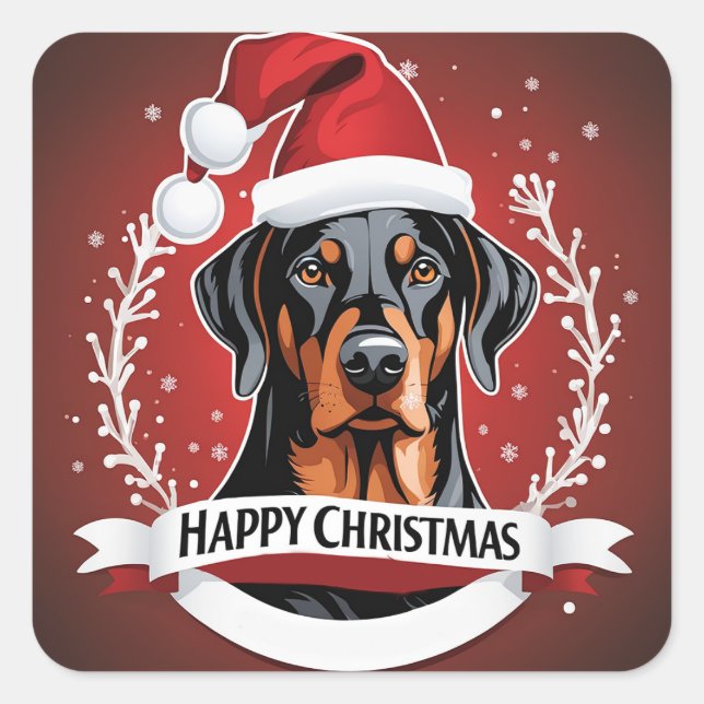 Adesivo Quadrado Feliz Cachorro Doberman de Xmas com Natal (Frente)