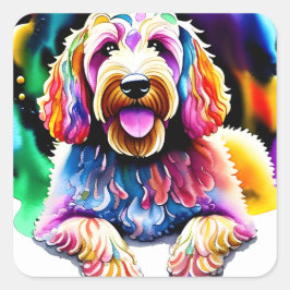 Adesivo Quadrado Feliz Cachorro Goldendoodle Design