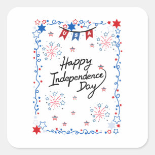 Adesivo Quadrado Feliz cartão de Dia da Independência EUA 4 de julh