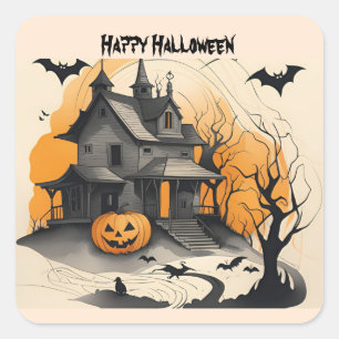 Adesivo Quadrado feliz casa assombrada de Halloween