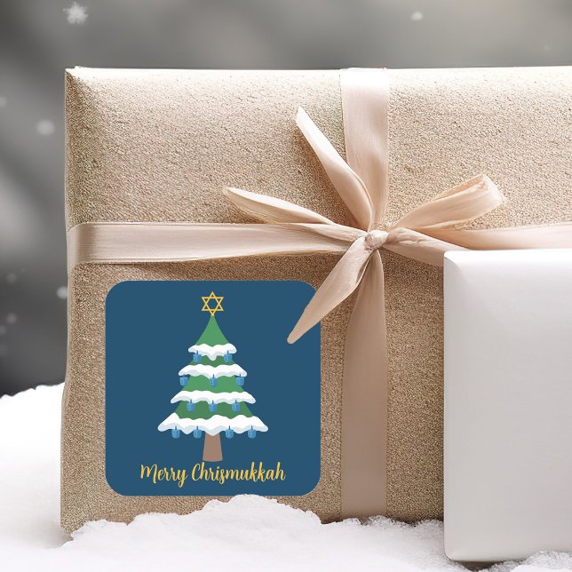 Adesivo Quadrado Feliz Chrismukkah Cute Hanukkah Árvore de Natal (Criador carregado)