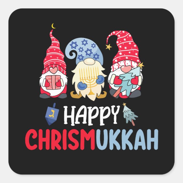 Adesivo Quadrado Feliz Chrismukkah Gnomos Hanukkah Feliz Natal (Frente)
