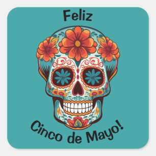 Adesivo Quadrado Feliz Cinco de Maio! Caveira de Açúcar