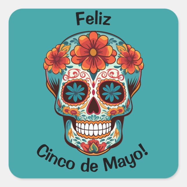 Adesivo Quadrado Feliz Cinco de Mayo! Crânio de Açúcar (Frente)