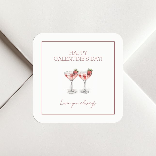 Adesivo Quadrado Feliz Cocktails do Dia de Galentine Te Ama Sempre (Happy Galentine's Day Cocktails Love You Always Square Sticker)