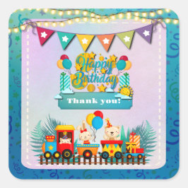 Adesivo Quadrado Feliz Comboio De Aniversário Com Bichinhos