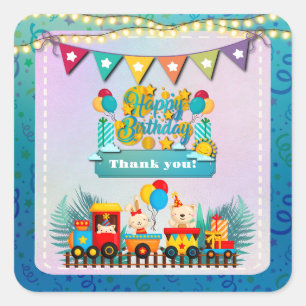 Adesivo Quadrado Feliz Comboio De Aniversário Com Bichinhos