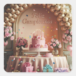 Adesivo Quadrado “Feliz Cumpleaños” Rosa Elegante e Dourado de Aniv