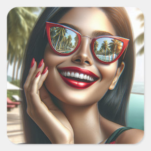 Adesivo Quadrado Feliz Dama em um Paraíso Tropical
