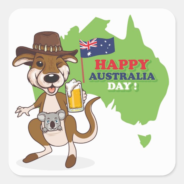 Adesivo Quadrado Feliz Dia da Austrália Kangaroo Koala (Frente)