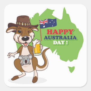 Adesivo Quadrado Feliz Dia da Austrália Kangaroo Koala