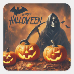 Adesivo Quadrado Feliz Dia das Bruxas - Caçador Grim Caiu Pumpkin