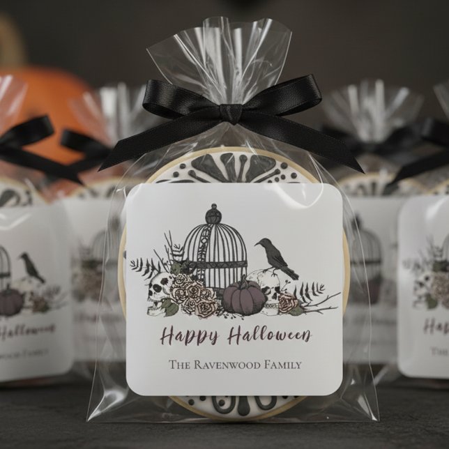 Adesivo Quadrado Feliz Dia das Bruxas da Cinza Gótica (Gothic Halloween Floral Skull Sticker. Autumn Blush Roses, Burgundy Flowers, Skulls, Birdcage, Crow)