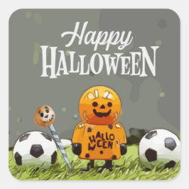Adesivo Quadrado Feliz Dia das Bruxas de Futebol com bolas de grama