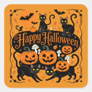 Adesivo Quadrado Feliz Dia das Bruxas de Gatos Negros