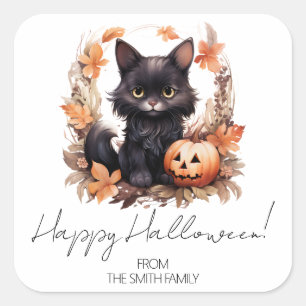Adesivo Quadrado Feliz Dia das Bruxas do Gato Negro Personalizado