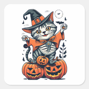 Adesivo Quadrado Feliz Dia das Bruxas Gato Bruxa