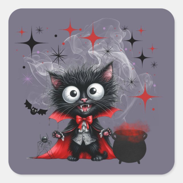 Adesivo Quadrado Feliz Dia das Bruxas Negras Gatinho das Bruxas Neg (Frente)