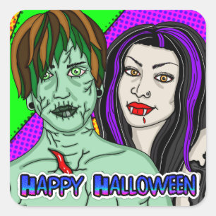 Adesivo Quadrado Feliz Dia das Bruxas   Pop Art zombie Vampire