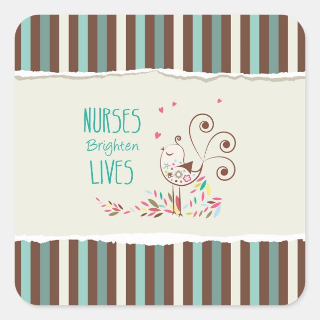 Adesivo Quadrado Feliz Dia das Enfermeiras, Pássaro Bonito em Banda (Frente)