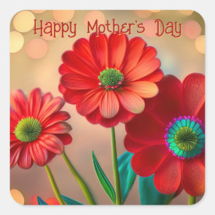 Adesivo Quadrado Feliz Dia das Mães Três Margaridas Vermelhas Texto