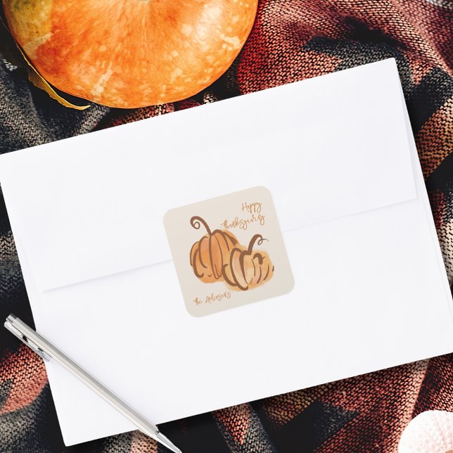 Adesivo Quadrado Feliz Dia de Ação de Graças Aquarela Pumpkin Ação  (Happy Thanksgiving Watercolor Pumpkin Thanksgiving Sticker)