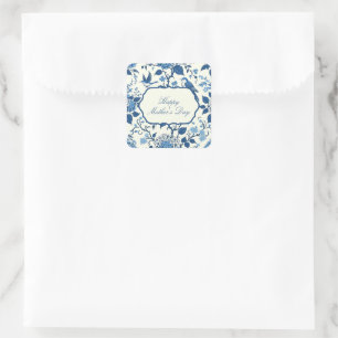 Adesivo Quadrado Feliz Dia de as mães Elegante Blue Chinoiserie Flo