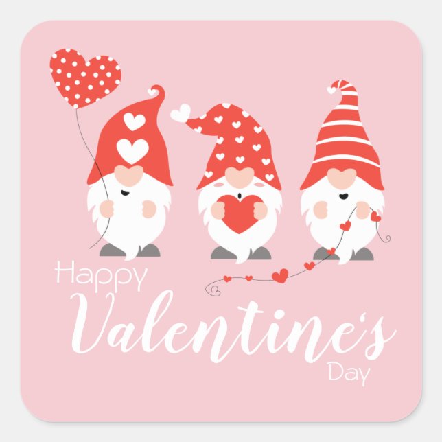Adesivo Quadrado Feliz Dia dos Namorados Gnomos Vermelho Rosa (Frente)