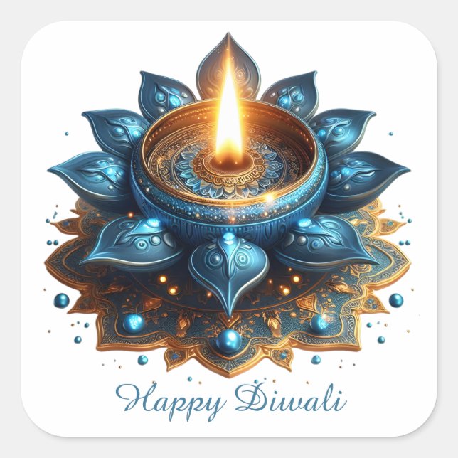 Adesivo Quadrado Feliz Diwali Blue Diya Festival de Luz (Frente)