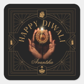 Adesivo Quadrado Feliz Diwali elegante preto e dourado personalizáv