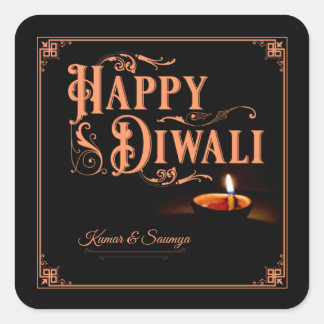 Adesivo Quadrado Feliz Diwali Personalizável Preto e Laranja