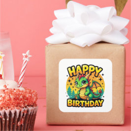 Adesivo Quadrado Feliz Dragão de Aniversário